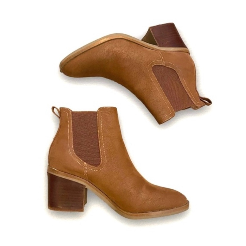 Mia Smyth Faux Suede Leather Cognac Boots Bootie’s Stacked Heel Pull On Boot 11